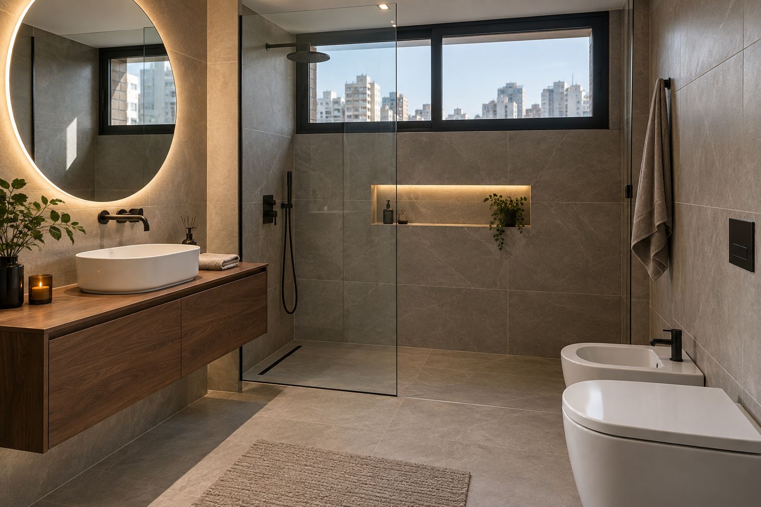 Baño remodelado con revestimientos y sanitarios modernos